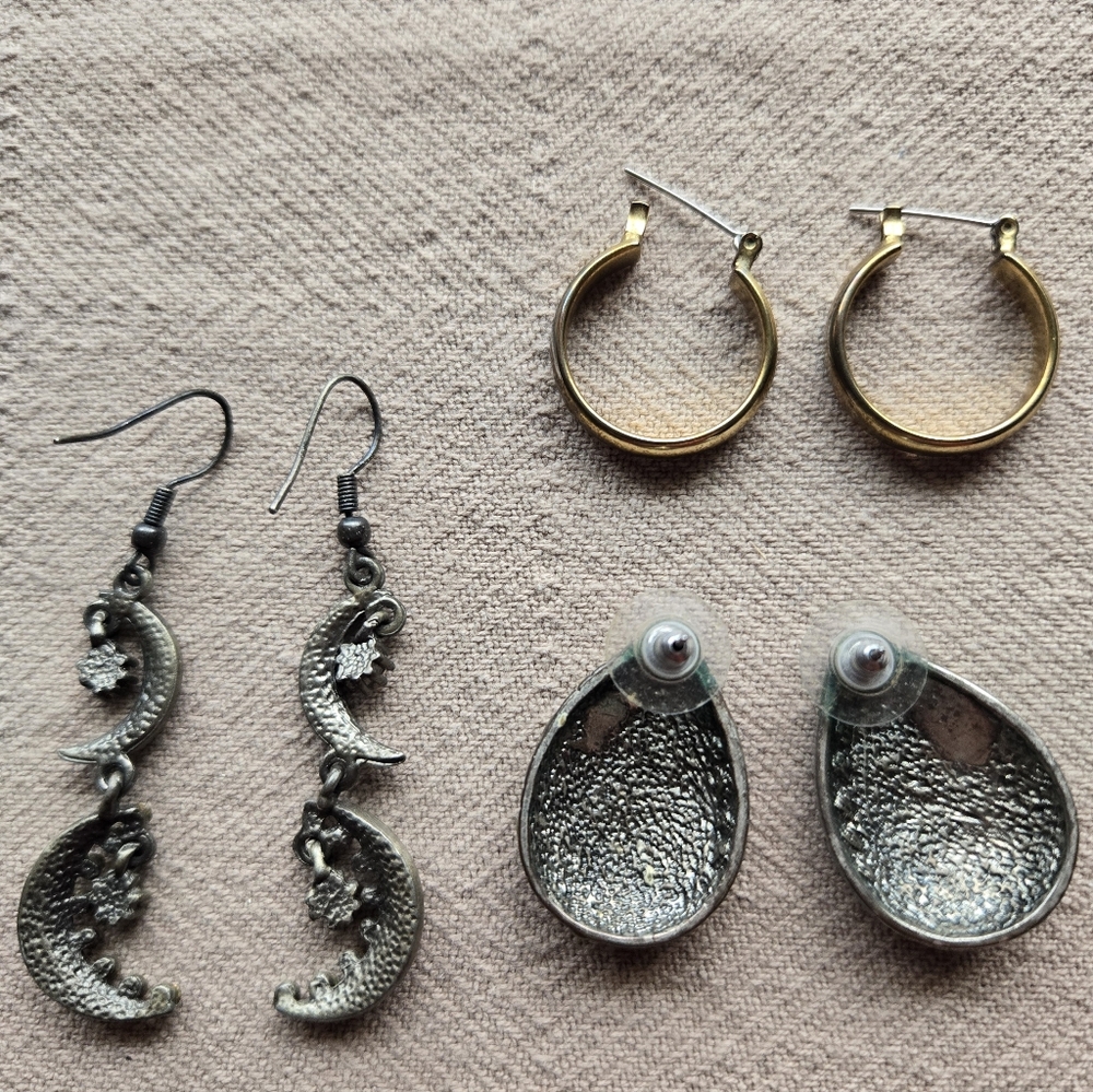 Lot Of 3 Gold and Silver Hoop Earrings Set 2 Are Post Style Crescent Moon - Picture 2 of 5